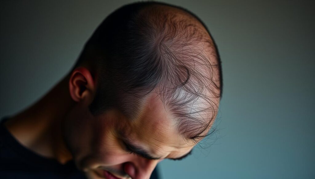 A balding male figure, head tilted downwards, visible thinning patches on the crown and temples. Sparse, wispy hair strands delicately framed against a soft, muted background. Dramatic lighting casts shadows, emphasizing the receding hairline. The subject's expression conveys a sense of concern and uncertainty. Muted color palette with gentle contrast, creating an intimate, introspective atmosphere. Subtle depth of field blurs the background, keeping the focus on the central figure and their hair loss journey.