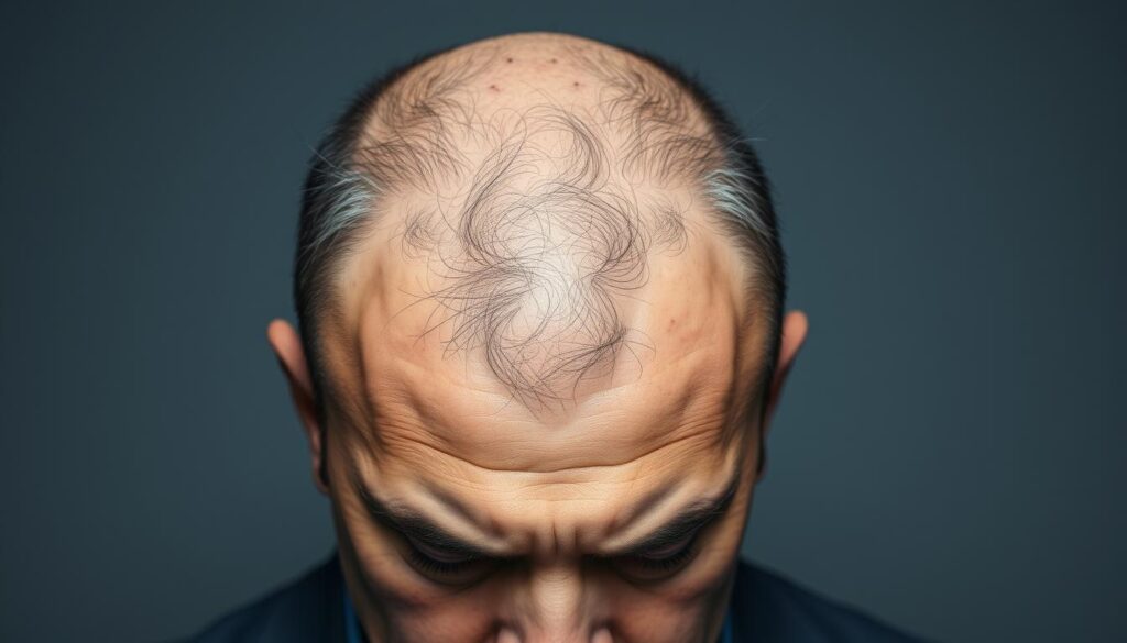 A balding middle-aged man with visible thinning hair on the crown of his head, reflecting the distress and frustration of significant hair loss. The lighting is harsh, casting deep shadows that accentuate the receding hairline and sparse patches. The subject's expression is one of defeat, with a furrowed brow and downcast eyes, set against a plain, muted background that emphasizes the focal point of the hair loss. The overall mood is somber and gloomy, capturing the emotional impact of this common, yet challenging condition.