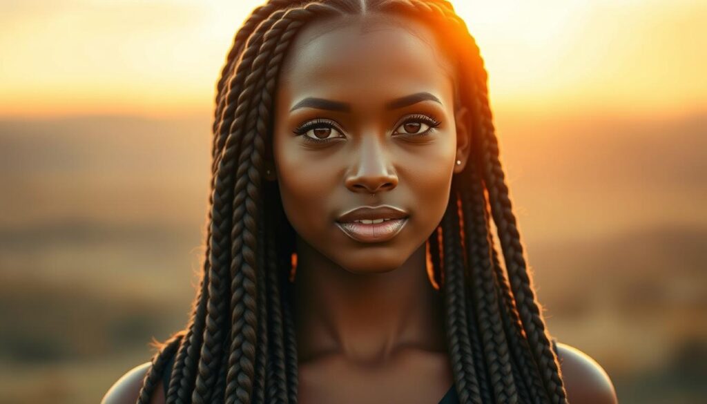A beautiful, radiant woman with intricate goddess braids cascading down her shoulders. Her face is serene, with delicate features and a subtle, natural makeup look. The braids are thick, voluminous, and expertly woven, creating an elegant, ethereal hairstyle. Warm, golden lighting from above casts a soft, romantic glow, highlighting the glossy texture of the braids. The background is a blurred, dreamy landscape, allowing the focus to remain solely on the captivating goddess-like appearance of the subject. Captured with a shallow depth of field, creating a sense of depth and emphasizing the subject's striking presence.