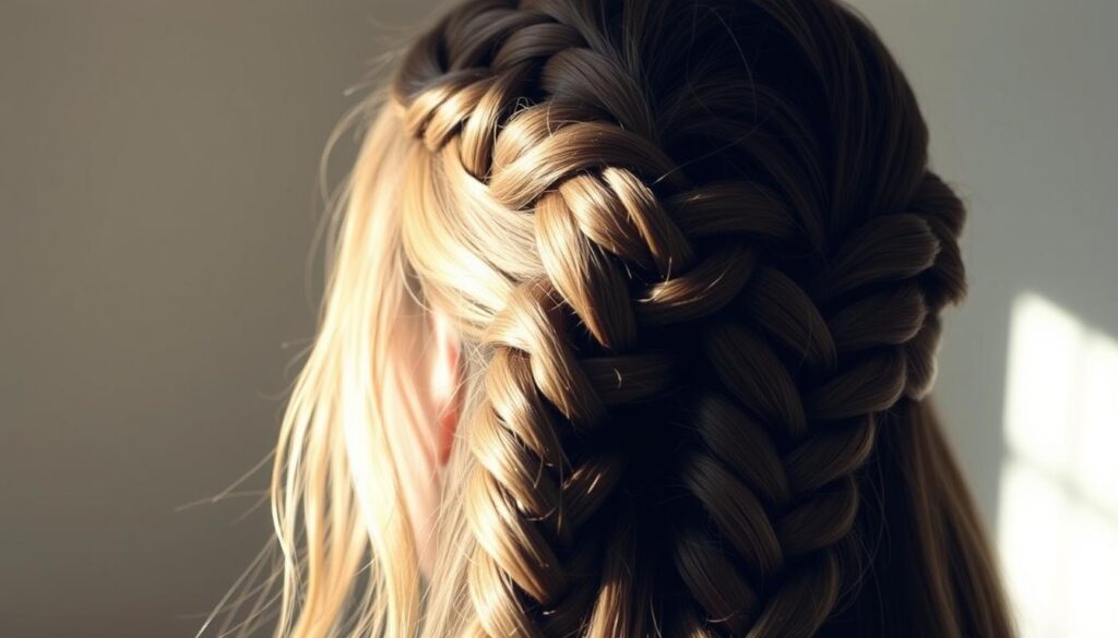 A beautifully intricate dutch braid, its woven strands gleaming under soft, natural lighting. The braid cascades gracefully down the model's head, capturing the essence of this classic, beginner-friendly hairstyle. The scene is shot from a slight angle, highlighting the elegant curves and contours of the braid. The background is blurred, keeping the focus on the intricate detail and texture of the hairstyle. The overall mood is serene and inviting, showcasing the simplicity and beauty of this timeless look.