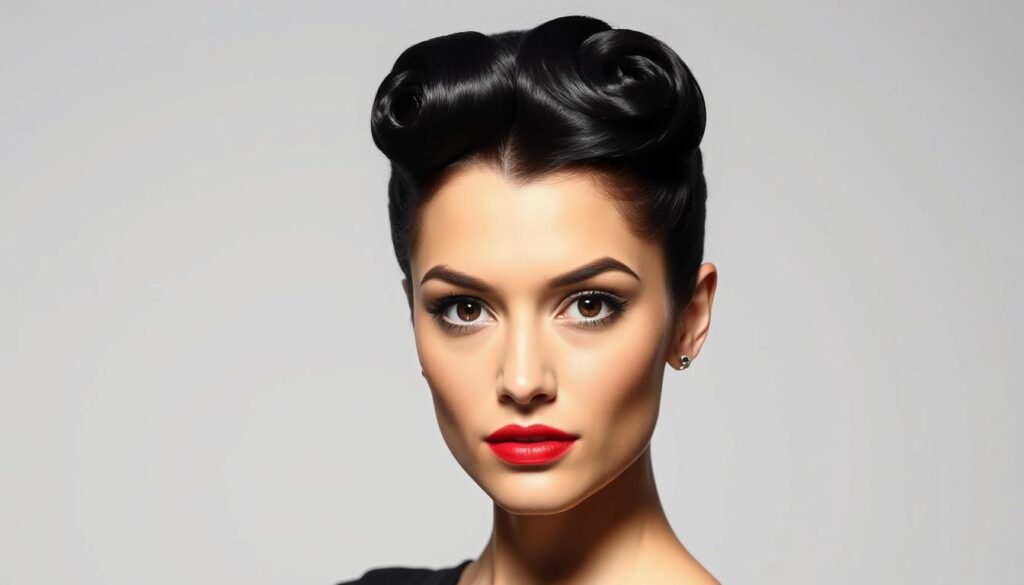 A beautifully styled 1940s-inspired hairstyle, featuring elegant victory rolls atop the head. The model has short dark hair, with the front sections swept up into two perfectly symmetrical coils framing the face. Dramatic studio lighting casts dramatic shadows, highlighting the intricate detail and volume of the hairstyle. The model has a poised, confident expression, reflecting the timeless glamour of the vintage aesthetic. Captured in a clean, minimalist studio setting with a plain background, allowing the hairstyle to take center stage.