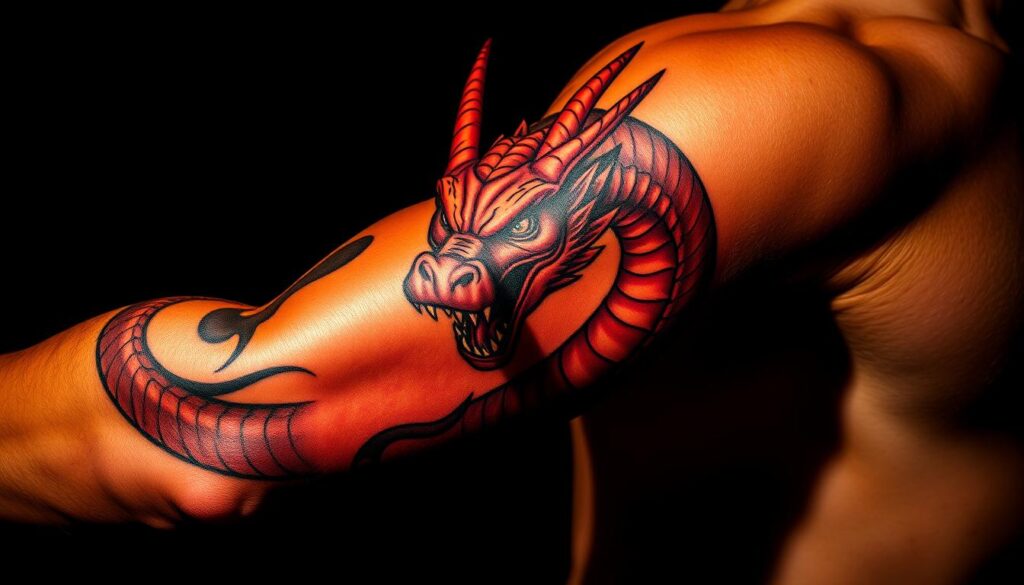 A bold, masculine dragon tattoo design rendered in rich, deep colors. The tattoo covers the entire upper arm, with the dragon's powerful body coiled tightly around the limb. The dragon's head emerges from the center, its fierce eyes and gaping jaws conveying a sense of raw power and intimidation. The dragon's scales are depicted with intricate detail, creating a tactile, textured appearance. Dramatic lighting casts dramatic shadows, accentuating the muscular contours of the arm and the dynamic, three-dimensional quality of the tattoo design. The overall aesthetic is one of strength, confidence, and a touch of danger - a bold statement piece for the modern man.