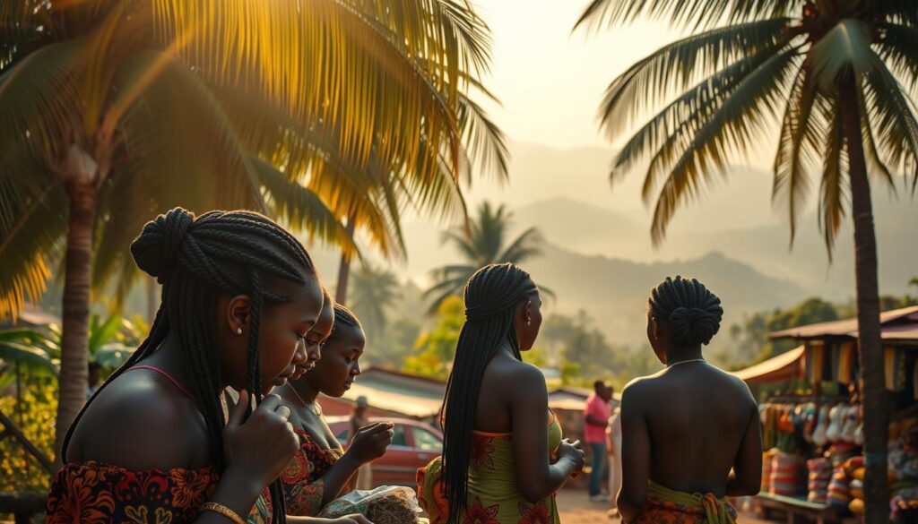 A bustling West African village nestled amidst lush, verdant hills. In the foreground, a group of women carefully weaving intricate cornrow hairstyles, their fingers deftly manipulating strands of ebony hair. Warm, golden sunlight filters through the canopy of towering palm trees, casting a soft, ethereal glow over the scene. In the middle ground, a colorful market teems with activity, stalls overflowing with vibrant fabrics, spices, and handcrafted wares. The background fades into a hazy, atmospheric landscape of distant mountains, their silhouettes shrouded in a veil of mist. An air of cultural richness and ancestral tradition permeates the entire image, capturing the essence of West Africa's enduring beauty and the enduring legacy of the cornrow hairstyle.