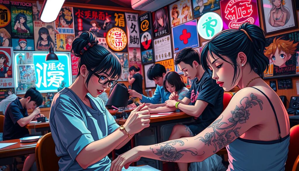 A bustling anime-inspired tattoo parlor, with skilled artists hunched over their workstations, creating intricate designs on the skin of their clients. The room is bathed in a warm, neon-tinged glow, with vibrant colors and dynamic lighting reflecting off the artists' concentrated expressions. In the foreground, a talented female tattoo artist meticulously inks a delicate, ethereal Japanese-style tattoo on a client's arm, her brow furrowed in focus. In the middle ground, several other artists, both male and female, work diligently on a variety of anime-inspired body art, from bold, stylized character designs to delicate floral motifs. The background is filled with a collage of anime posters, Japanese art, and neon signage, creating an immersive, authentic atmosphere.