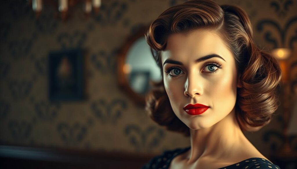 A captivating 1940s hairstyle scene, shot in high-resolution with a professional portrait lens. In the foreground, a glamorous woman with elegant finger waves, deep side part, and carefully coiffed curls. Her gaze is steady, exuding vintage charm. The middle ground features a richly textured background, hinting at the era with art deco-inspired wallpaper and soft, diffused lighting. The overall atmosphere is one of timeless sophistication, inviting the viewer to step into the vintage elegance of the 1940s.