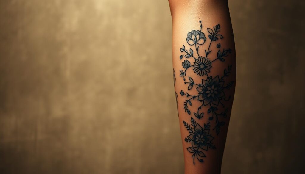 A captivating calf tattoo design set against a serene, moody backdrop. In the foreground, intricate linework and subtle shading create a mesmerizing pattern of delicate floral motifs, organic shapes, and subtle geometric elements. The middle ground features a soft, atmospheric lighting, casting a warm, golden glow over the skin's surface. In the background, a muted, textured canvas adds depth and dimension, evoking a sense of timelessness. The overall composition is balanced, harmonious, and expertly crafted to showcase the beauty and artistry of vertical leg tattoo designs.