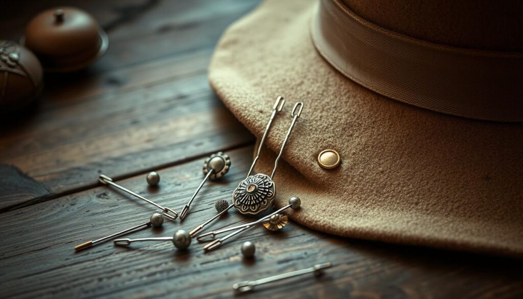 A classic 1920s still life featuring a group of vintage bobby pins delicately arranged on a rustic wooden table, accompanied by a chic cloche hat in a neutral tone. Soft, diffused lighting creates a warm, nostalgic atmosphere, highlighting the intricate details and textures of the metal pins and the smooth felt of the hat. The image conveys a sense of elegance and timelessness, perfectly capturing the essence of the 1920s style. The composition is carefully balanced, drawing the viewer's eye to the central elements while allowing the surrounding environment to provide context and depth.