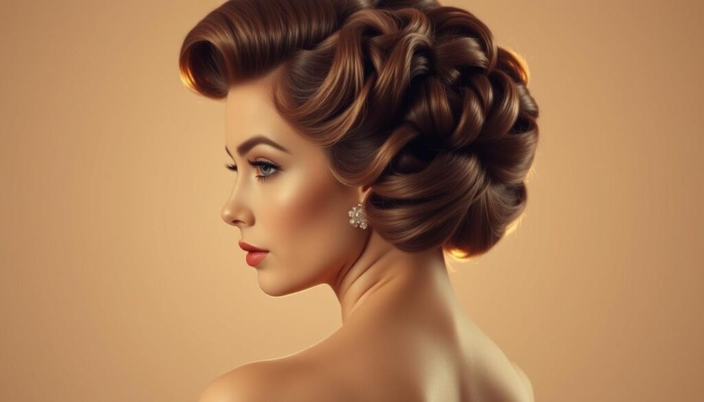 A classic 1950s woman with elegant, voluminous curls, styled with precision and grace. The hair is softly backlit, creating a warm, nostalgic glow. The subject's face is in three-quarter view, exuding a timeless, cinematic glamour. The background is a muted, pastel-toned setting, allowing the hairstyle to take center stage. The lighting is soft and flattering, casting subtle shadows that accentuate the sculptural quality of the curls. The overall mood is one of vintage allure and feminine sophistication, perfectly capturing the essence of 1950s hairstyles.