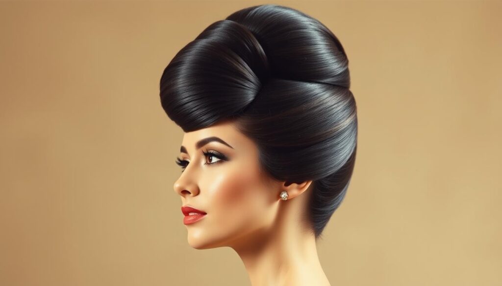 A classic 1960s beehive hairstyle, sculpted with precision and grace. A towering coif of carefully teased and lacquered hair, with a sleek, polished silhouette. Soft lighting from above highlights the intricate layers and volume, creating a glamorous, retro-inspired look. The model's face is in gentle profile, her expression serene and poised, embodying the timeless elegance of the era. Subtle makeup accentuates her features, while the hairstyle takes center stage as the focal point. The background is a softly blurred, neutral tone, allowing the beehive updo to stand out in all its architectural splendor.