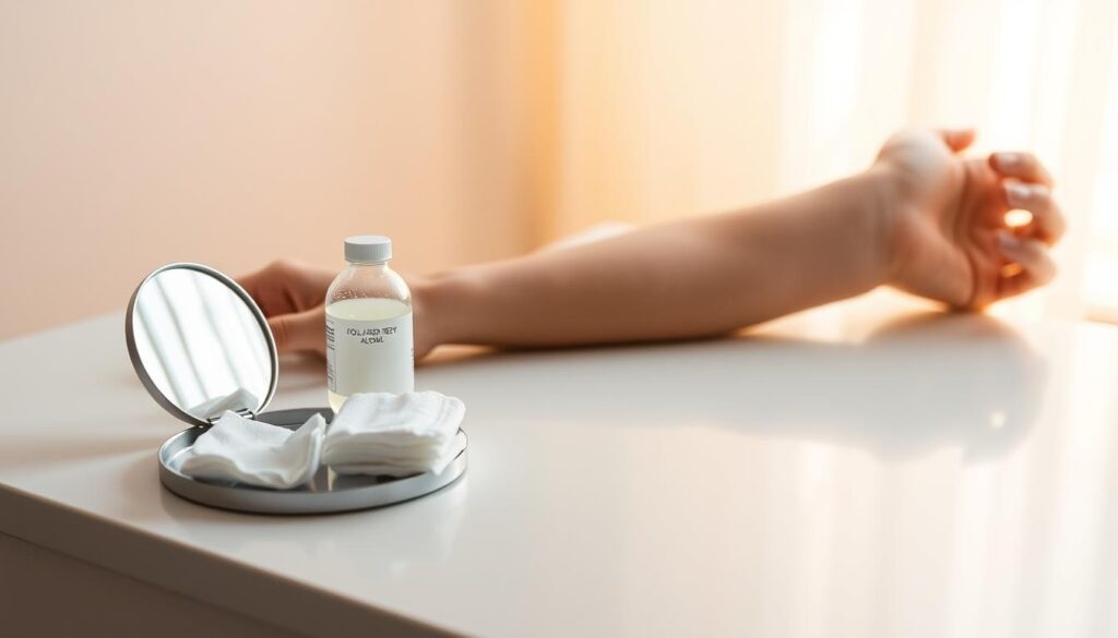 A clean, minimalist still life showcasing the essential items for collarbone tattoo prep. In the foreground, a small mirror, cotton pads, and a bottle of rubbing alcohol sit atop a sleek white surface, casting soft shadows. The middle ground features the client's arm, skin freshly cleansed and ready for the artist's stencil. Warm, diffused lighting from an unseen window casts a gentle glow, creating a serene, intimate atmosphere. The background fades to a muted, neutral tone, keeping the focus on the delicate, premeditative ritual.