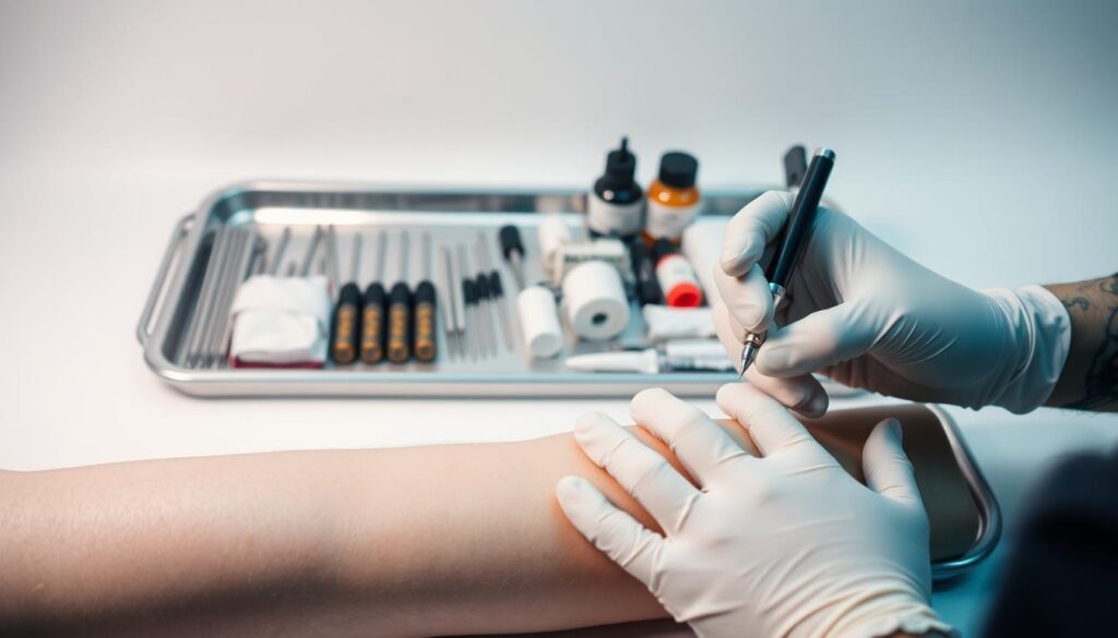 A clean, sterile workspace with an assortment of tattoo equipment, including needles, inks, and bandages, arranged neatly on a stainless steel tray. The background is a bright, clinical white, creating a sense of order and professionalism. The lighting is soft and even, illuminating the tools in a way that emphasizes their importance in the tattooing process. In the foreground, a tattoo artist's gloved hands delicately prepare the skin, conveying the care and attention required for a safe, successful tattoo session. The overall atmosphere is one of meticulous preparation, emphasizing the importance of safety and hygiene in the world of body art.