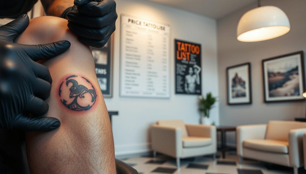 A clean, well-lit tattoo studio with modern equipment and a cozy, inviting atmosphere. In the foreground, a close-up view of a knee showcasing a freshly inked tattoo design, the skin slightly reddened from the procedure. The tattoo artist's gloved hands are visible, meticulously applying the final touches. The middle ground features a price list on the wall, displaying various tattoo sizes and their corresponding costs in a clear, legible manner. The background shows a serene, minimalist waiting area with comfortable chairs and calming artwork, conveying a sense of professionalism and care for the client's experience. The lighting is soft and warm, creating a pleasant, relaxing ambiance.
