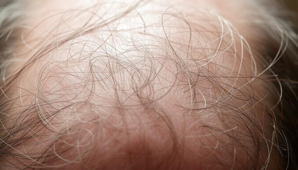 A close-up, medium shot of a person's scalp, showing visible signs of hair loss and thinning. The scalp appears dry, flaky, and sparse with thin, wispy strands of hair scattered across the frame. The lighting is soft and diffused, casting gentle shadows that emphasize the texture and contours of the scalp. The focus is sharp, drawing the viewer's attention to the intricate details of the hair follicles and the affected areas. The overall mood is one of concern and a subtle sense of loss, inviting the viewer to empathize with the subject's condition. The image conveys a clinical, yet sensitive, exploration of the common problem of hair loss and thinning.