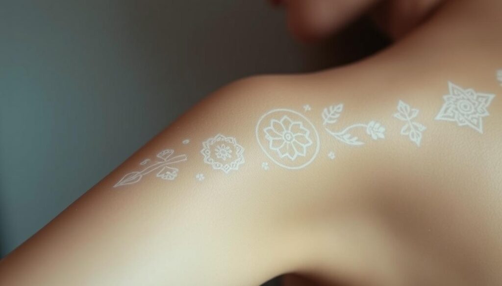 A close-up of a human arm with intricate white ink tattoos, delicately illuminated by soft, diffused lighting that accentuates the intricate linework and subtle shading. The tattoos feature a mix of geometric patterns, floral motifs, and abstract designs, elegantly adorning the skin in a minimalist yet captivating manner. The background is blurred, placing the focus entirely on the artistry of the white ink tattoos and the smooth, unblemished canvas of the skin. The overall mood is serene, highlighting the beauty and elegance of this unique form of body art.