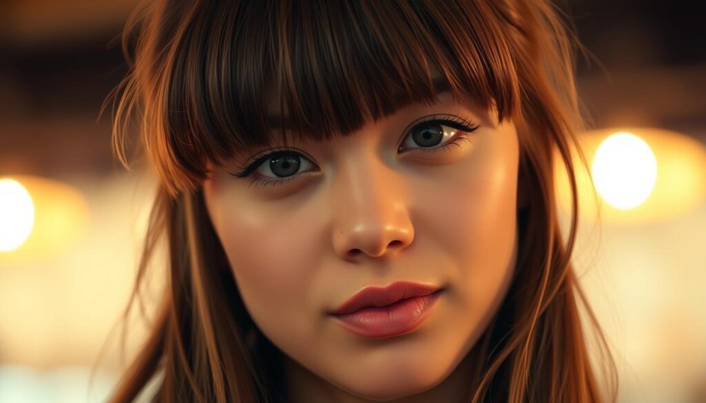 A close-up of a young woman's face, her fringe of soft, feathery bangs framing her features in a flattering, eye-catching style. The lighting is warm and diffuse, creating a glowing, youthful effect. The focus is sharp on the bangs, with the background gently blurred to emphasize the hairstyle. The model's expression is natural and relaxed, conveying an effortless, on-trend vibe. The overall mood is one of casual elegance, inviting the viewer to imagine how this charming hairstyle could enhance their own look for any occasion.
