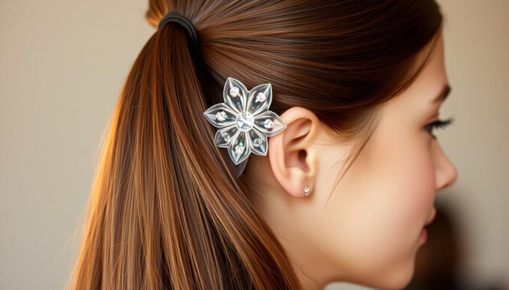 A close-up of a young woman's head, her hair styled in a sleek, shiny ponytail. The hair is a rich, lustrous chestnut brown, with subtle highlights that catch the warm, soft lighting from the side. The ponytail is secured with a delicate, translucent claw clip adorned with small, sparkling gems that glimmer against the hair. The woman's expression is serene, her gaze directed slightly off-camera, creating a sense of quiet elegance. The background is blurred, placing the focus entirely on the hairstyle and its stylish accessory.