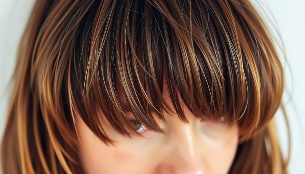 A close-up of choppy, tousled bangs with a beachy, textured appearance. The hair strands are slightly disheveled, creating an effortless, lived-in look. Soft, diffused lighting from the side creates dimensional shadows and highlights, accentuating the uneven, piece-y edges of the bangs. The focus is sharp on the bangs, with a gently blurred background to draw the eye inward. The overall mood is relaxed and natural, reflecting a casual, carefree hairstyle.