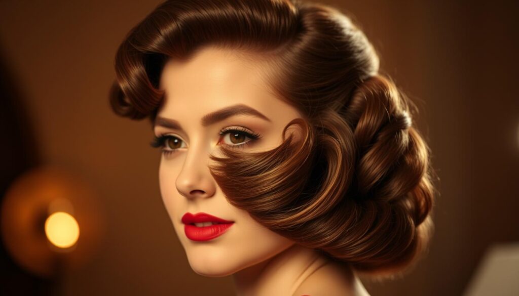 A close-up photograph of a woman's stylized 1940s hairstyle, captured in warm, diffused lighting that highlights the elegant waves and volume. The model's hair is a rich chestnut brown, coiffed into a classic upsweep with soft tendrils framing her face. The scene evokes vintage glamour, with a timeless, refined aesthetic that transports the viewer to the era of Hollywood's golden age. The depth of field is shallow, keeping the focus on the intricate hairstyle while softening the background to a muted, nostalgic palette.
