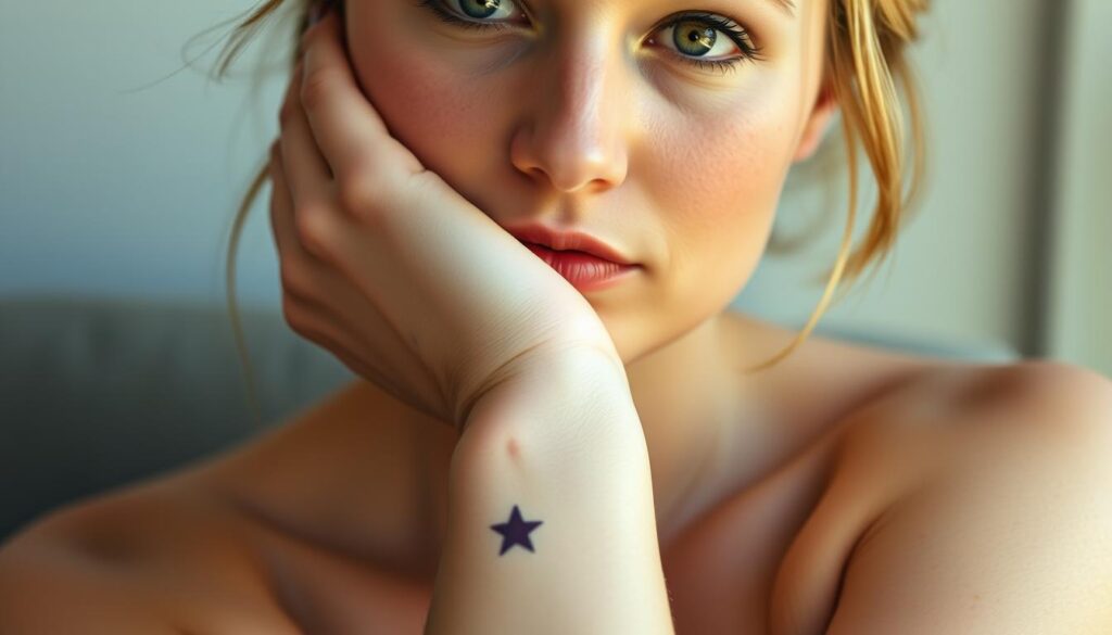 A close-up portrait of Kristen Bell, her skin slightly glowing under soft, natural lighting. Her face is serene, her eyes gazing directly at the viewer. Visible on her body are several delicate, minimalist tattoos - a small star on her wrist, a simple line drawing on her inner arm, and a subtle pattern on her shoulder. The tattoos appear genuine, as if they are part of her real body art. The background is softly blurred, keeping the focus on the details of her skin and the tattoos that adorn it. An intimate, honest depiction that explores the authenticity of Kristen Bell's personal body art.
