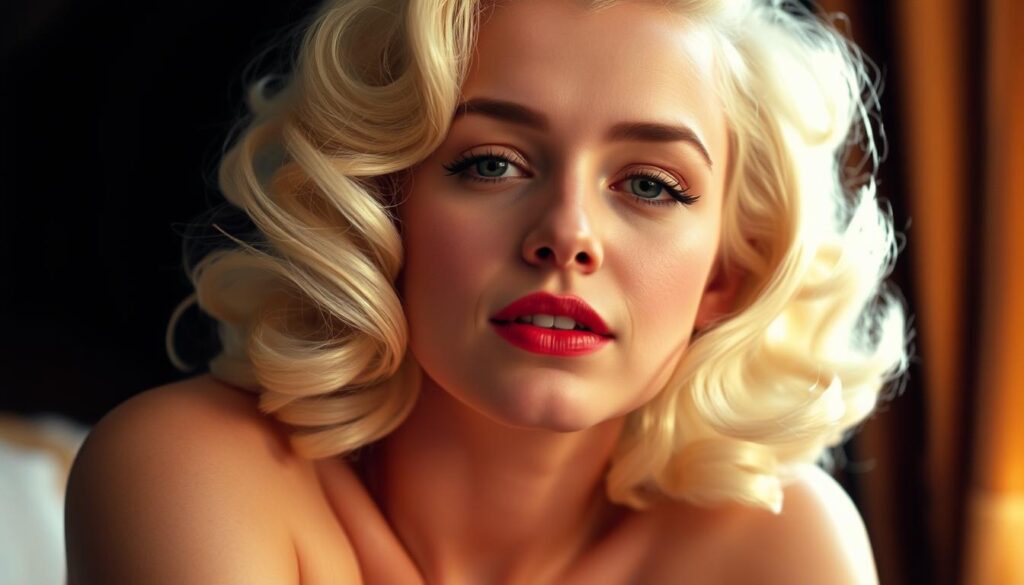 A close-up portrait of Marilyn Monroe, her iconic platinum blonde curly locks framing her stunning face. The lighting is soft and warm, creating a dreamy, cinematic atmosphere. The focus is on the graceful waves and lustrous texture of her hair, which cascades around her shoulders in a timeless, glamorous style. The background is slightly blurred, keeping the attention on the subject's mesmerizing beauty and classic Hollywood allure. The image captures the essence of Marilyn's captivating persona, radiating elegance, and timeless charm.