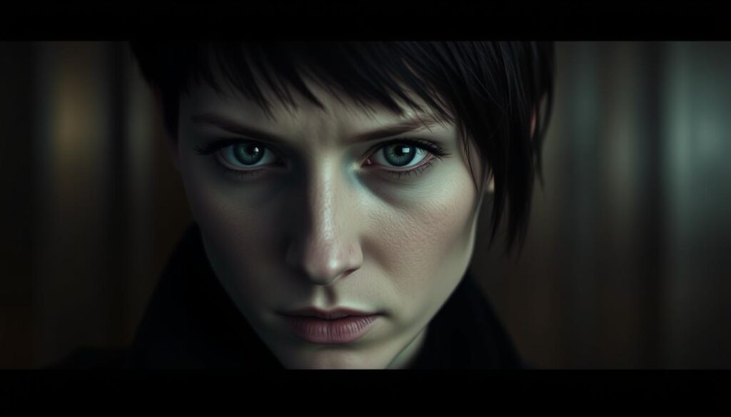 A close-up portrait of Rooney Mara as Lisbeth Salander, the troubled but brilliant computer hacker from the "The Girl with the Dragon Tattoo" film. Lisbeth's intense gaze and piercing blue eyes are the focal point, framed by her short, dark hair and edgy punk-inspired look. The image has a moody, dramatic atmosphere, with low-key, chiaroscuro lighting that casts dramatic shadows across Lisbeth's face, emphasizing her brooding intensity. The background is blurred, keeping the focus on Lisbeth's captivating expression and the iconic dragon tattoo visible on her pale skin. The overall tone evokes the gritty, neo-noir aesthetic of the film and the complex, damaged nature of the Lisbeth Salander character.