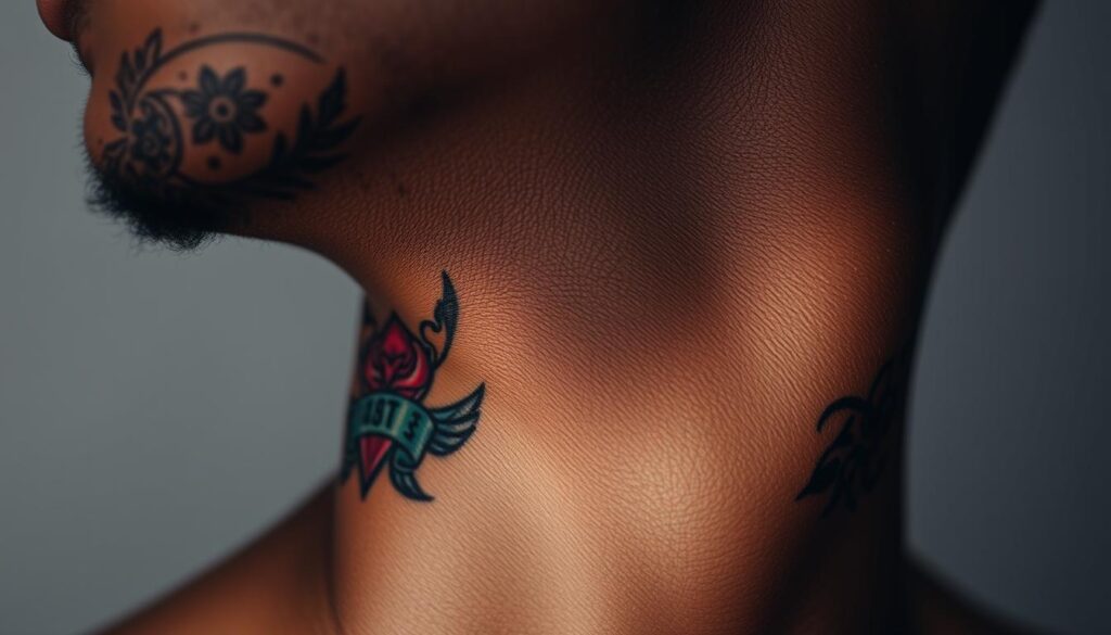 A close-up portrait of a Black man's neck, showcasing two tattoo designs - one in vibrant colors, the other in striking black and gray tones. The skin is depicted with a natural, lifelike texture, allowing the intricate details of the tattoos to be prominently displayed. The lighting is soft and directional, creating subtle shadows that accentuate the contours of the neck and the tattoo artwork. The background is blurred, keeping the focus solely on the subject's neck and the striking contrast between the colorful and monochromatic tattoos. The overall mood is one of artistic exploration, highlighting the visual impact and expressive power of tattoo designs on melanin-rich skin.