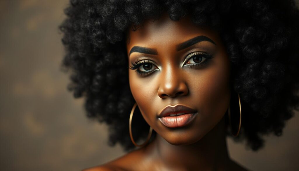 A close-up portrait of a confident, beautiful Black woman with voluminous, textured Afro hair styled in a retro 1960s look. The lighting is soft and flattering, casting gentle shadows across her sculpted features. Her eyes are sultry and alluring, her full lips slightly parted. The background is a muted, vintage-inspired palette, letting the subject's natural beauty and powerful, regal presence take center stage. This image captures the essence of Afro pride, self-acceptance, and the timeless glamour of the 1960s.