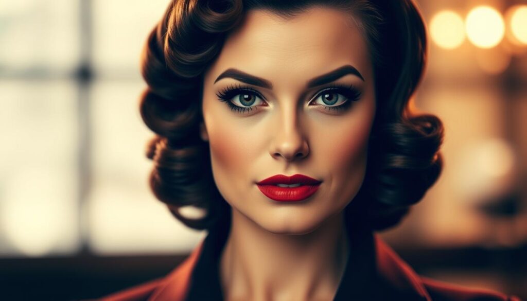 A close-up portrait of a glamorous woman with perfectly coiffed victory rolls hairstyle, inspired by the vintage styles of the 1940s. The woman's hair is elegantly styled with tight, voluminous rolls framing her face, accentuating her flawless makeup and confident expression. The lighting is soft and flattering, creating a warm, nostalgic atmosphere. The background is blurred, placing the focus entirely on the subject's beautiful vintage-inspired look. The overall mood evokes a sense of timeless elegance and old Hollywood charm.