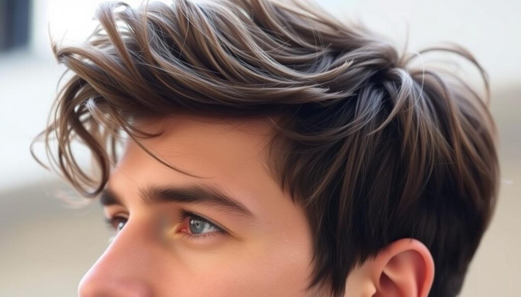 A close-up portrait of a stylish man's medium-length hairstyle, captured in soft, diffused natural lighting. The hair appears voluminous, with textured waves and a slightly messy, effortless look. The focus is on the crown, with the sides and back subtly blended. The lighting casts gentle shadows, accentuating the layers and movement of the hair. The background is softly blurred, keeping the attention on the central subject. This image showcases a versatile, contemporary medium-length style that embodies the modern, trend-setting aesthetic of the "Mens Medium Length Hairstyles: The Listicle You Can Actually Use" section.