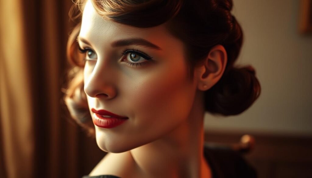 A close-up portrait of a woman's head and shoulders, with her hair styled in the classic 1940s waves and curls. The lighting is soft and warm, with a slight golden hue, creating a nostalgic and glamorous atmosphere. The woman's hair is dark, with a slight red-brown tone, and styled with precision, with tight waves framing her face and gentle curls cascading over her shoulders. The background is slightly blurred, allowing the focus to remain on the intricate hairstyle. The overall mood is one of timeless elegance and sophistication, perfectly capturing the essence of 1940s hair.