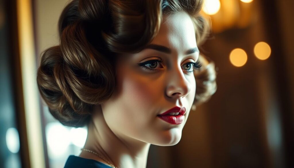 A close-up portrait of a woman's head, showcasing the elegant, retro-inspired hairstyle of the 1940s. Her hair is styled in lush, voluminous waves, cascading softly around her face. The lighting is warm and cinematic, creating a vintage, glamorous atmosphere. The focus is sharp on the intricate details of the hairstyle, emphasizing the precision and craftsmanship of the vintage coiffure. The background is softly blurred, allowing the subject to be the central focus. The overall mood is one of timeless beauty and old-Hollywood sophistication.