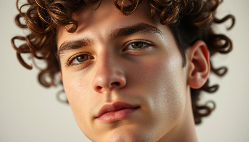 A close-up portrait of a young man with curly, wavy brown hair styled in an Edgar haircut. The lighting is soft and diffused, creating a warm, flattering glow on his face. The background is slightly blurred, keeping the focus on the intricate details of his hair texture and defined waves. The overall mood is natural, relaxed, and showcases the versatility of the Edgar hairstyle for those with naturally curly or wavy locks. The image should convey the techniques and tips for achieving definition and volume without excessive frizz, as described in the article section.