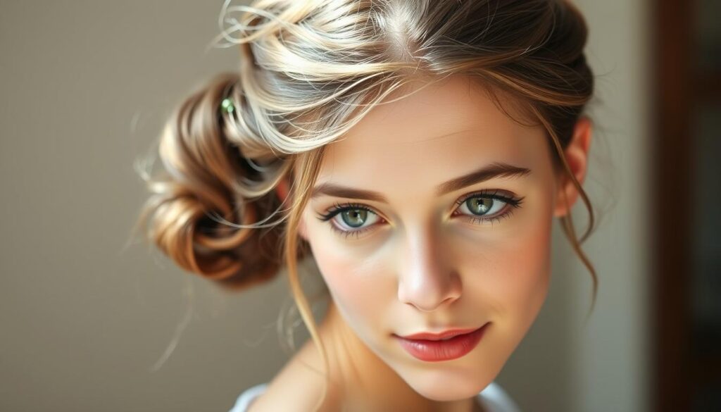 A close-up portrait of a young woman with elegant, effortless hair in a quick, stylish updo. Soft, diffused lighting from the left side creates gentle shadows and highlights the delicate features. The hairstyle appears to be a simple yet chic twist or bun, with a few wispy strands framing the face. The overall mood is one of natural beauty and casual sophistication, perfectly capturing the "quick-start cute hairstyles" theme. The image has a shallow depth of field, gently blurring the background to keep the focus on the graceful updo.