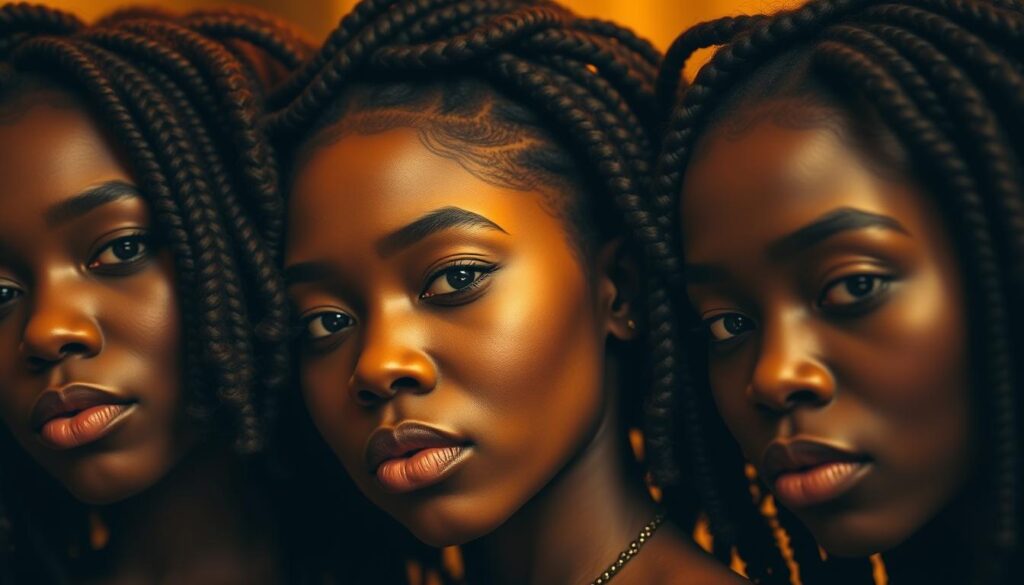 A close-up portrait of three women with natural, voluminous hair in intricate cornrow styles, illuminated by warm, diffused lighting that accentuates the texture and sheen of their tresses. The subjects' faces are partially obscured, drawing the viewer's attention to the intricate braiding patterns adorning their scalps. The background is softly blurred, creating a sense of intimacy and focus on the hairstyles. The overall mood is one of pride, elegance, and celebration of the beauty and versatility of natural Black hair.