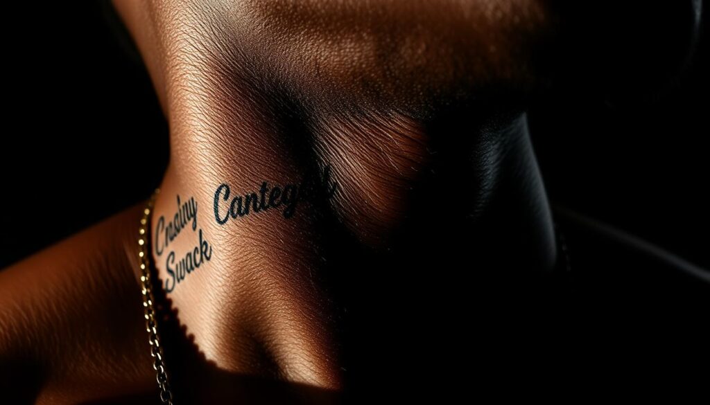 A close-up shot of a Black man's neck, featuring a series of word script tattoos in a bold, sleek font. The tattoos are prominently displayed, with a focus on the intricate line work and the powerful, personal statements they convey. The lighting is dramatic, casting deep shadows and highlights that accentuate the contours of the neck and the texture of the skin. The background is blurred, keeping the attention solely on the tattoos and the subject's powerful presence. The overall mood is one of self-expression, confidence, and a strong sense of identity.