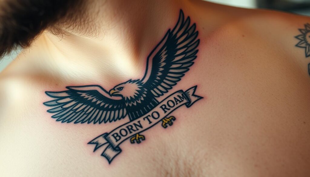 A close-up shot of a collarbone tattoo in the traditional Americana style. The tattoo features a bold, black eagle with outstretched wings, its talons grasping a banner that reads "Born to Roam". The design is rendered with crisp, clean lines and a vintage aesthetic, evoking the rugged spirit of blue-collar workers. The skin is slightly sun-kissed, adding a weathered, lived-in quality to the tattoo. The lighting is soft and diffused, casting gentle shadows that accentuate the contours of the collarbone and shoulder. The camera angle is slightly elevated, creating a sense of intimacy and drawing the viewer's attention to the intricate details of the tattoo.