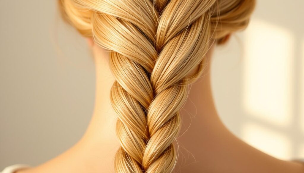 A close-up shot of a delicate three-strand braid hairstyle, meticulously crafted with strands of silky, honey-blonde hair. The braid is centered in the frame, with a soft, diffused lighting illuminating the intricate weave and highlighting the smooth texture of the hair. The background is blurred, creating a minimalist, focused composition that emphasizes the beauty and technique of the french braid. The lighting is warm and natural, casting subtle shadows that accentuate the dimensional quality of the hairstyle. The overall mood is serene and elegant, reflecting the timeless appeal of this classic hairstyle.
