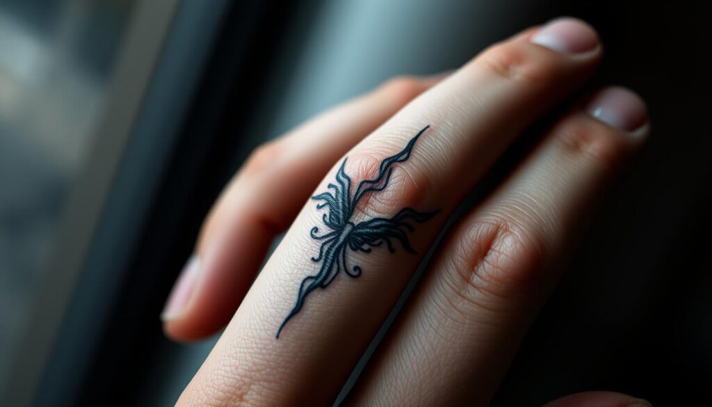 A close-up shot of a hand with a finger tattoo, showcasing the artistic style and ink choices. The tattoo features a dynamic blackwork design with intricate fine lines and subtle color accents, creating a visually striking and moody composition. The hand is positioned in a natural, relaxed pose, allowing the viewer to focus on the delicate details of the tattoo. The lighting is soft and directional, casting subtle shadows and highlights that enhance the texture and depth of the ink. The background is blurred, keeping the attention on the tattooed finger and its unique visual appeal.