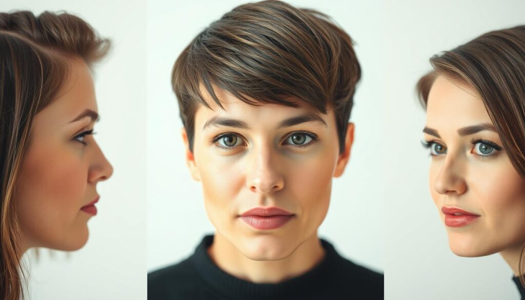 A close-up shot of a human face, showcasing the diverse range of face shapes. The subject should be centered, well-lit, and captured at a flattering angle to highlight the unique contours and proportions of the face. The image should have a clean, minimalist background, allowing the viewer to focus solely on the face shape. The lighting should be soft and diffused, creating a natural, almost studio-like quality. Attention to detail is key, capturing the subtle nuances and distinctive features that define the different face shapes, such as the jawline, cheekbones, and forehead. The overall tone should convey a sense of informative clarity, guiding the viewer's understanding of how face shape is an essential consideration when choosing a complementary hairstyle.