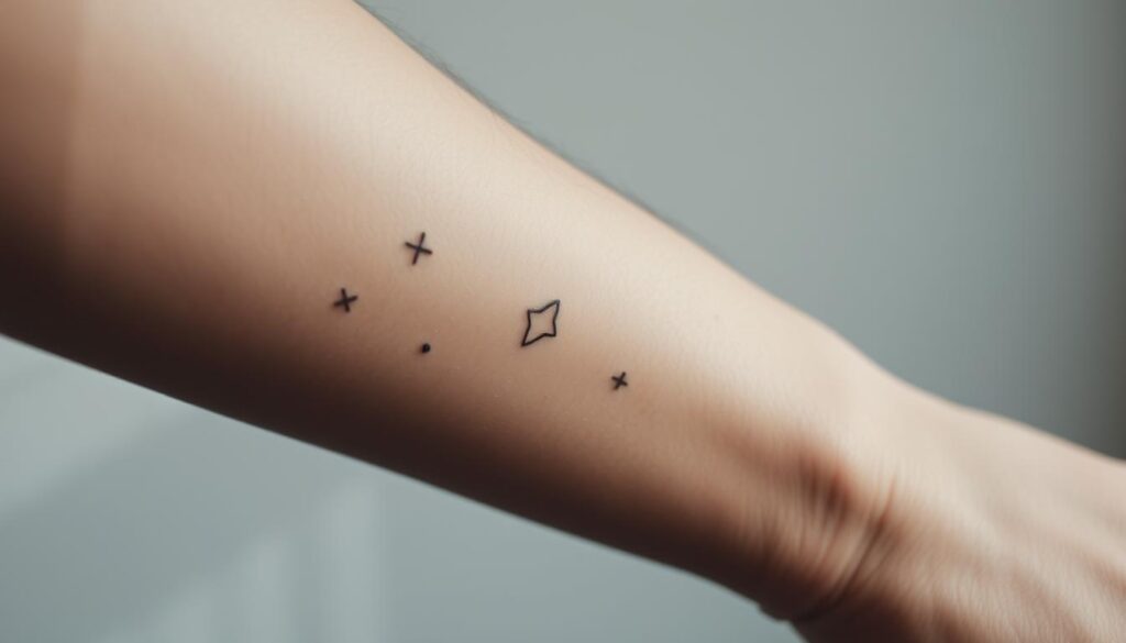 A close-up shot of a male forearm, with a series of delicate, minimalist tattoos scattered across the skin. The tattoos are small in size, ranging from simple line art to subtle geometric patterns, all rendered in a muted, monochromatic palette. The lighting is soft and diffused, casting gentle shadows that accentuate the intricate details of the ink. The background is blurred, allowing the focus to remain on the intimate, personal nature of these tiny tattoos - symbols of individuality and quiet strength.