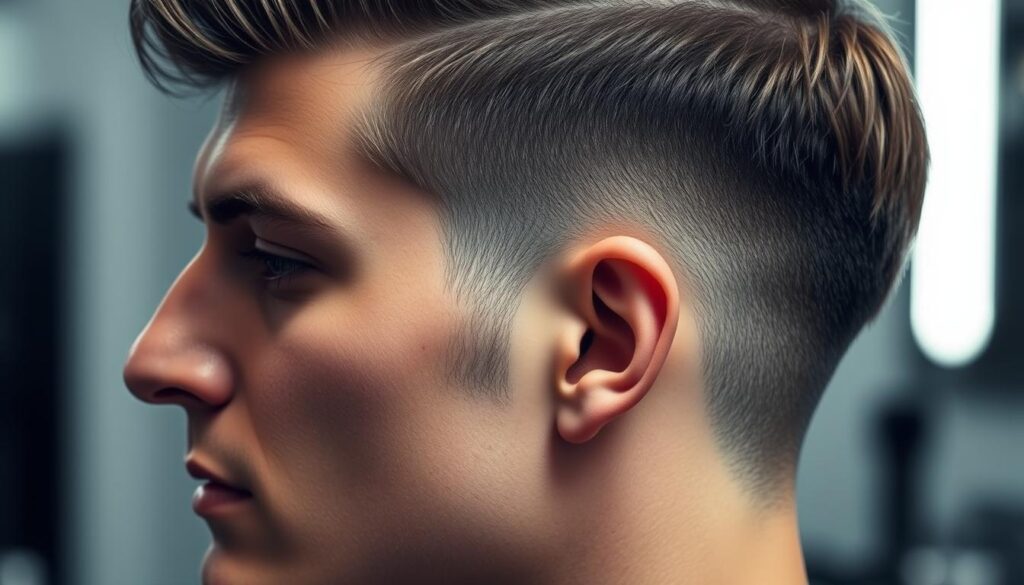 A close-up shot of a male haircut, showcasing the classic mullet taper. The hair in the front is styled with a smooth, slicked-back look, transitioning into a shorter, tapered section at the back and sides. Subtle highlights accentuate the texture and layers, creating a modern and polished appearance. The lighting is soft and directional, casting gentle shadows to highlight the contours of the style. The image is shot from a slightly elevated angle, giving a professional, barbershop-inspired feel. The overall mood is one of refined sophistication, showcasing the skilled craftsmanship of a seasoned barber.