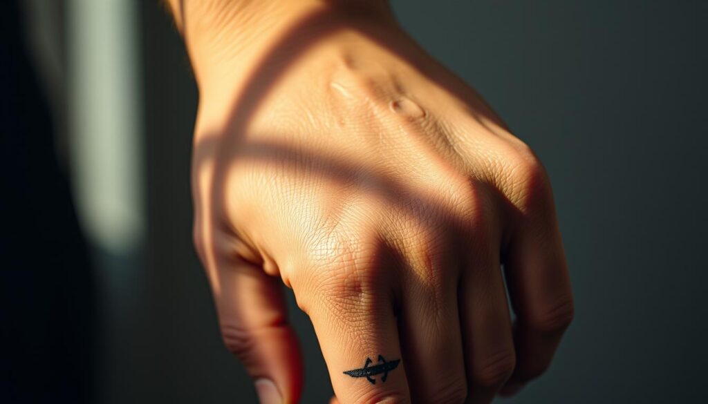 A close-up shot of a male hand, the ring finger prominently displayed. The skin is tanned and weathered, with a delicate tattoo design wrapping around the finger. The tattoo is intricate, featuring a simple yet elegant pattern of lines and geometric shapes. The lighting is soft and natural, casting subtle shadows that accentuate the texture of the skin and the details of the tattoo. The background is blurred, allowing the focus to remain on the hand and the tattoo. The overall mood is one of subtle elegance and personal expression, reflecting the meaning and significance of a ring finger tattoo.