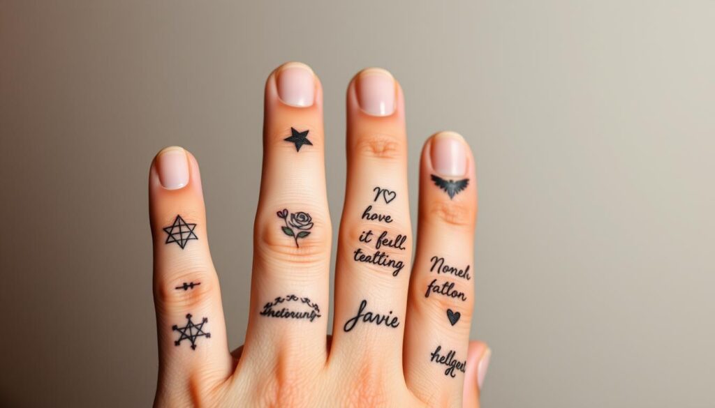 A close-up shot of a male hand with various intricate finger tattoos, showcasing a range of artistic designs and symbolic motifs. The tattoos include minimalist geometric patterns, delicate floral arrangements, and meaningful text in a mix of elegant cursive and bold typography. The fingers are positioned against a subtly blurred, neutral background, allowing the details of the tattoos to take center stage. The lighting is soft and diffused, creating a warm, intimate atmosphere that highlights the craftsmanship and personal significance of the tattoos.
