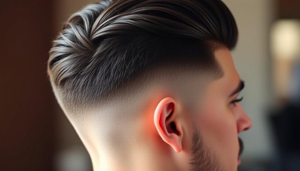 A close-up shot of a mid taper fade hairstyle, showcasing the gradual transition from the short sides and back to the longer hair on top. The lighting is natural, with soft, warm tones that accentuate the texture and volume of the hair. The camera angle is slightly elevated, capturing the subtle contours and blended lines of the fade. The background is blurred, keeping the focus on the intricate details of the hairstyle. The overall mood is one of sophistication and refined masculinity, highlighting the key differences between the mid taper fade and other fade styles.