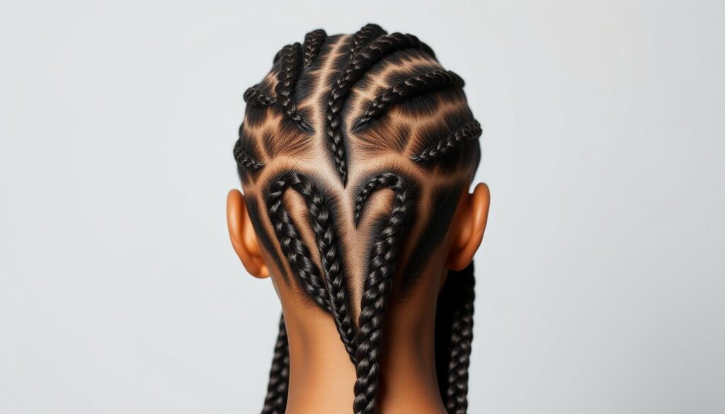 A close-up shot of a model's head, showcasing a detailed view of intricate, knotless braids. The braids are neatly parted, with a sleek, glossy finish, creating a modern, stylish appearance. The lighting is soft and diffused, highlighting the intricate braid patterns and the natural texture of the hair. The background is a clean, minimalist studio setting, keeping the focus on the stunning hairstyle. The image captures the beauty and sophistication of the knotless braid trend, inviting the viewer to explore this captivating hair styling technique.
