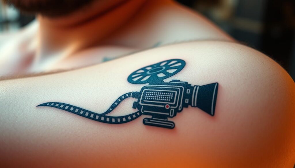 A close-up shot of a movie-themed tattoo on a person's arm, captured in soft, warm lighting. The tattoo depicts a classic film reel with intricate details, overlaid with a silhouette of a cinematic camera. The tattoo's design is a seamless blend of traditional and modern styles, reflecting the timeless allure of cinema. The skin around the tattoo is slightly reddened, indicating a freshly inked work of art. The image conveys a sense of passion and dedication for the art of filmmaking, capturing the essence of a true movie enthusiast.