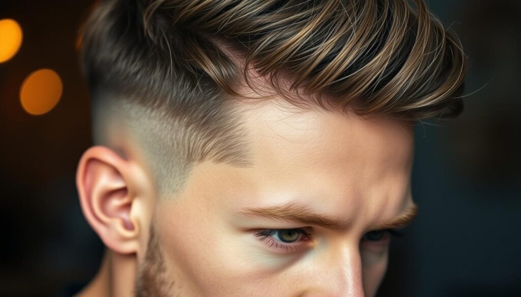 A close-up shot of a natural textured hairstyle, capturing the intricate details and dynamic movement of the hair. The top features a tousled, slightly messy finish with a soft, matte appearance, creating a relaxed and effortless look. Subtle highlights and shadows accentuate the layered structure, giving the style depth and dimension. The lighting is soft and diffused, casting a warm, ambient glow that enhances the natural tones of the hair. The camera angle is slightly elevated, providing a slightly elevated perspective that emphasizes the tactile quality of the texture. The overall mood is one of casual sophistication, showcasing a versatile styling option that pairs well with a classic fade haircut.