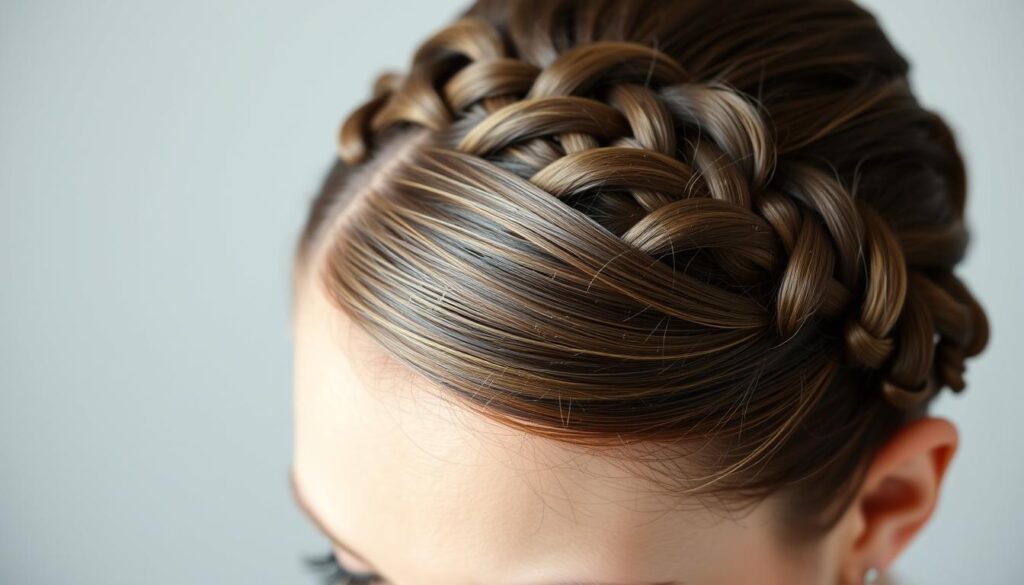 A close-up shot of a neatly groomed woman's head, with her hair gathered at the crown and fastened securely in preparation for a French braid hairstyle. The lighting is soft and diffused, illuminating the intricate texture and shine of the hair strands. The focus is sharp, drawing the viewer's attention to the careful arrangement of the hair, which is parted neatly and divided into sections, ready to be expertly braided. The composition is balanced, with the subject's head filling the frame, and a neutral background that allows the hair preparation to be the central focus. The mood is one of calm and concentration, as the subject prepares their hair for the styling process.