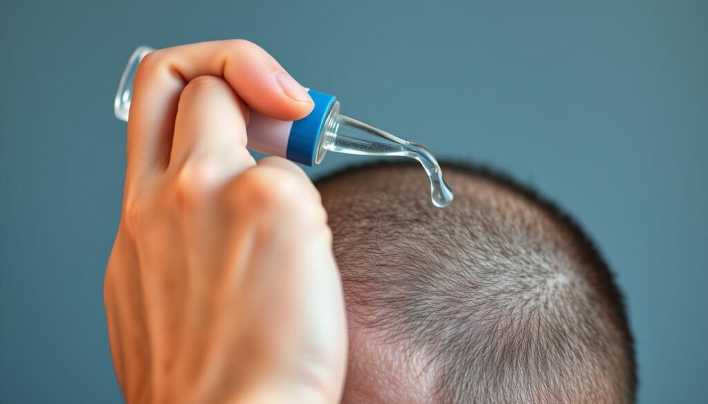 A close-up shot of a person's hand applying a clear topical liquid to their scalp, with a bottle of minoxidil medication in the background. The scene is well-lit, with a soft, diffused lighting that accentuates the texture of the skin and the shiny surface of the liquid. The focus is sharp on the application process, capturing the delicate movements and the precise coverage of the scalp. The overall mood is one of care, attention, and the promise of hair regrowth, reflecting the evidence-backed nature of this hair loss treatment.