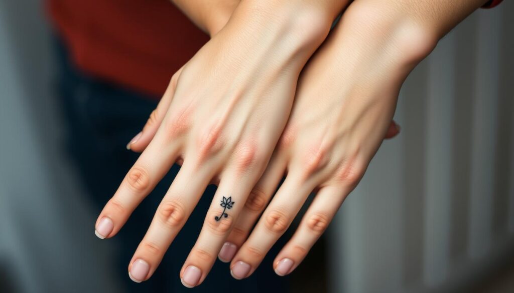 A close-up shot of a person's hands, showing intricate, delicate finger tattoos. The tattoos are a mix of simple line art, minimal geometric shapes, and subtle floral motifs, creating a harmonious, elegant design. The skin appears smooth and youthful, with a soft, matte texture. The lighting is soft and diffused, casting gentle shadows that accentuate the details of the tattoos. The composition is centered, allowing the viewer to focus on the beauty and thoughtfulness of the tattoo designs. The overall mood is intimate, serene, and personal, capturing the essence of a shared, meaningful connection between partners.